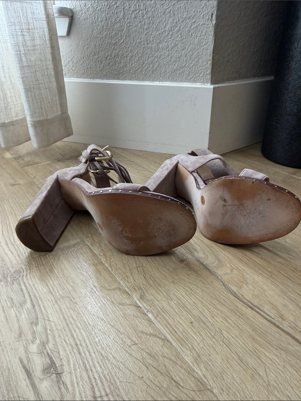 Vince Camuto Taupe Suede Block Heel Sandals with Fringe Ties - Picture 5 of 5
